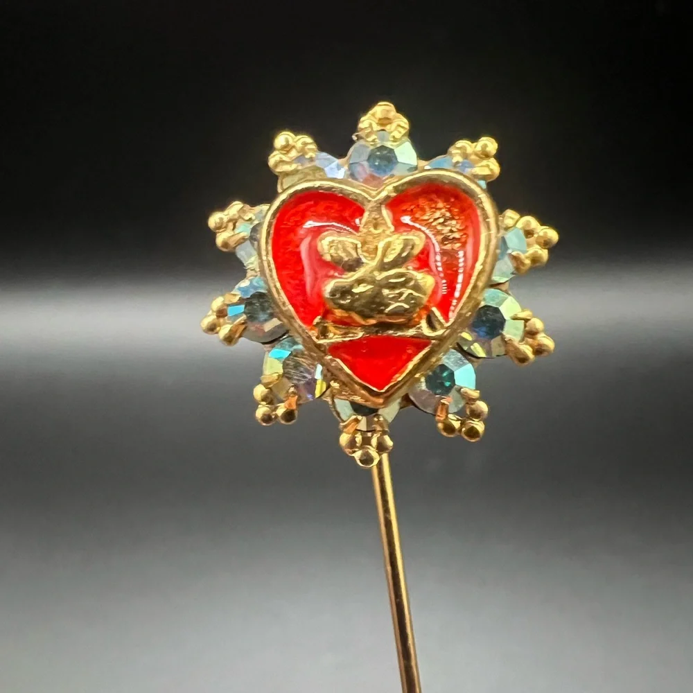 Gold Tone and Red Stick Pin Heart Brooch Button Jewelry Valentine’s Day